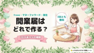 freee・マネーフォワード・弥生 開業届はどれで作る?2026年からの期限。スマホと書類を前にした店主のイラストと吹き出し「3社とも無料」
