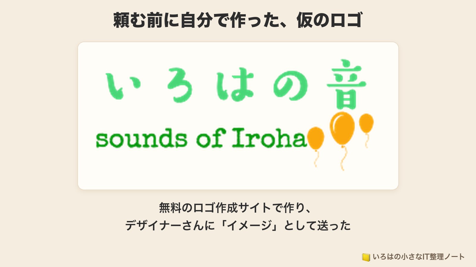 頼む前に自分で作った、仮のロゴ。無料のロゴ作成サイトで作り、デザイナーさんに「イメージ」として送った