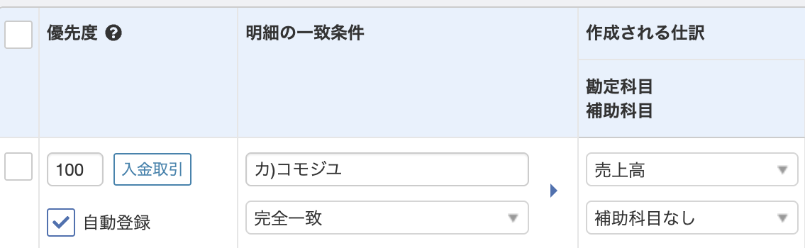 マネーフォワードの自動仕訳ルール。入金の明細を売上高にするルールで、「自動登録」にチェックを入れたところ