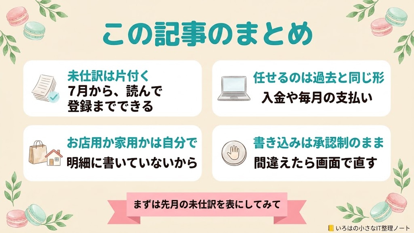 この記事のまとめ。未仕訳は片付く（7月から、読んで登録までできる）、任せるのは過去と同じ形（入金や毎月の支払い）、お店用か家用かは自分で（明細に書いていないから）、書き込みは承認制のまま（間違えたら画面で直す）