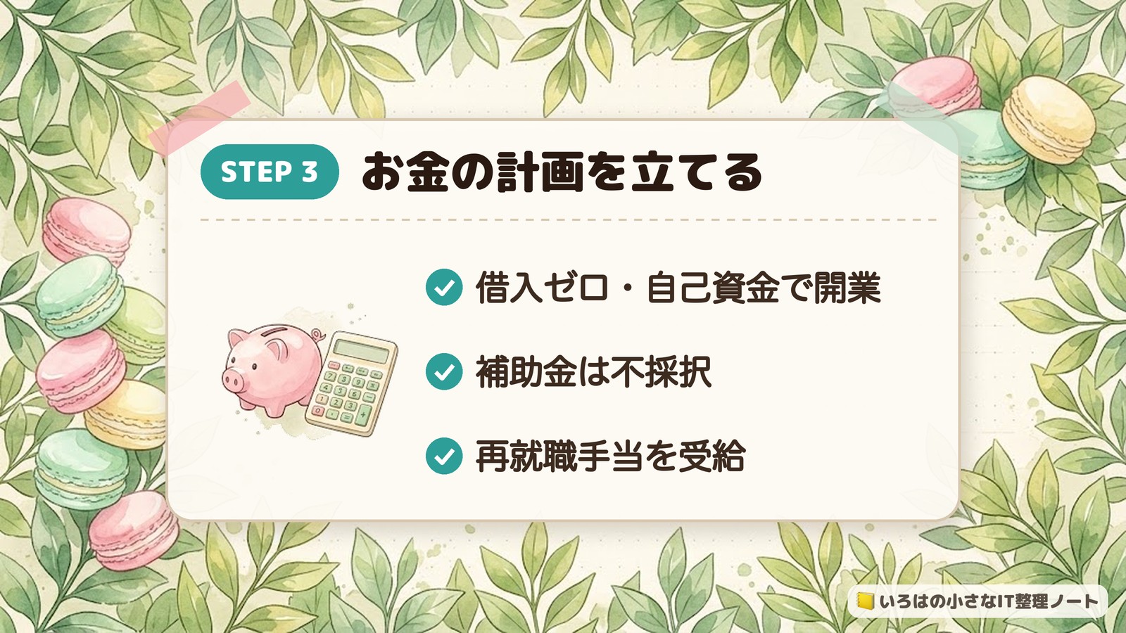 STEP3 お金の計画を立てる。借入ゼロ・自己資金で開業。補助金は不採択。再就職手当を受給。