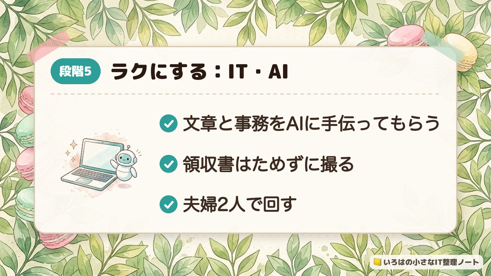 段階5 ラクにする:IT・AI。文章と事務をAIに手伝ってもらう。領収書はためずに撮る。夫婦2人で回す。