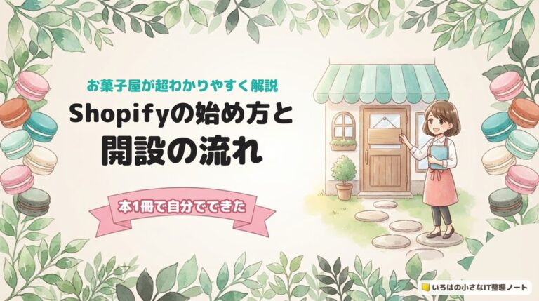 Shopifyの始め方と開設の流れ、お菓子屋が超わかりやすく解説のアイキャッチ。小さなお菓子屋の扉に、本を抱えた女性が看板をかけるイラスト