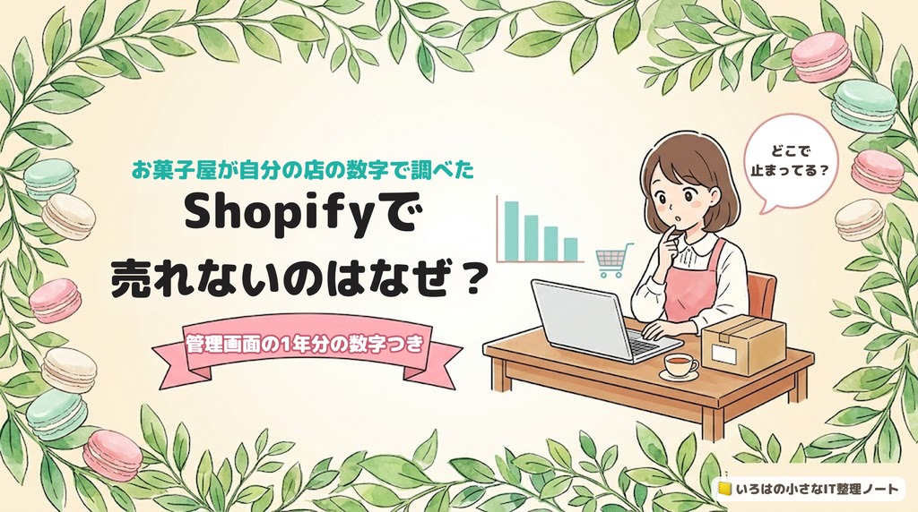 Shopifyで売れないのはなぜ？お菓子屋が自分の店の数字で調べた、のアイキャッチ。お店の事務机で、ノートパソコンの棒グラフを見て考える店員のイラスト。