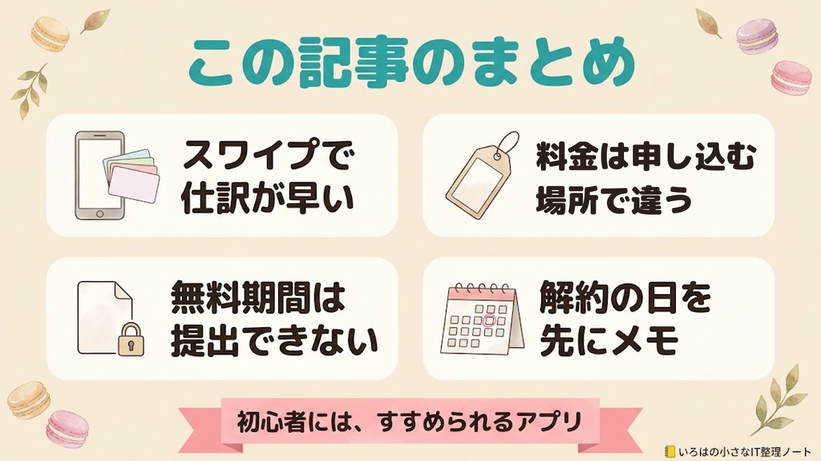 この記事のまとめ。スワイプで仕訳が早い、料金は申し込む場所で違う、無料期間は提出できない、解約の日を先にメモ。初心者には、すすめられるアプリ
