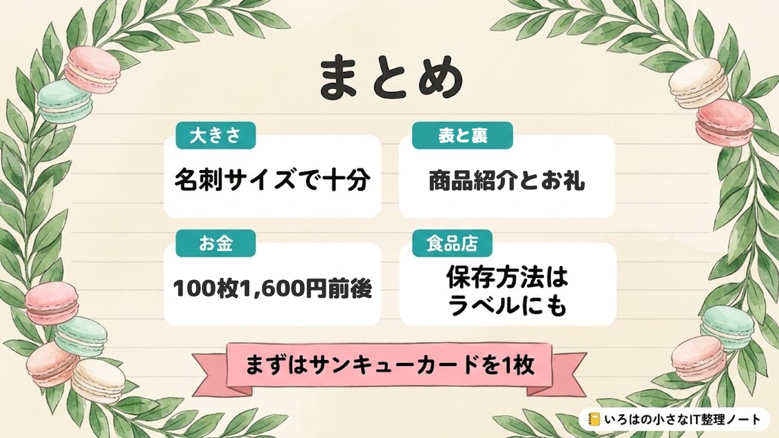 まとめ。大きさは名刺サイズで十分、表と裏は商品紹介とお礼、お金は100枚1,600円前後、食品店は保存方法をラベルにも。まずはサンキューカードを1枚